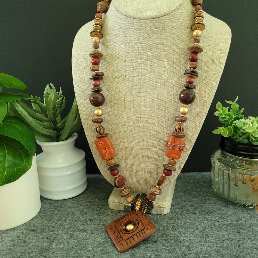 Carved Wood Mixed Bead Geometric Pendant Statement Necklace 32in